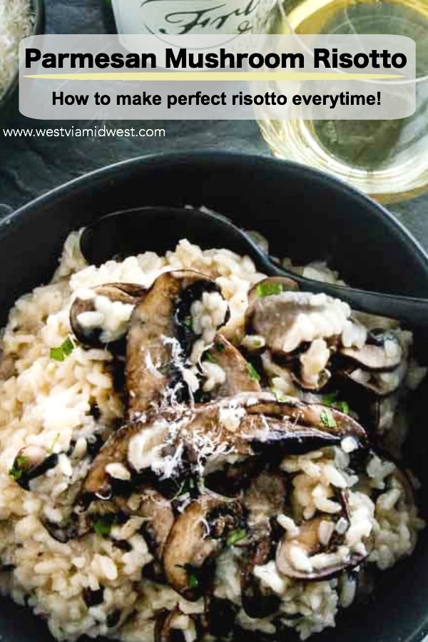 This Simple Parmesan Mushroom Risotto Recipe is a simple comfort food dish that will please everyone.  Just a few ingredients but packed full of earthy mushroom and tangy parmesan cheese flavors. #risotto #comfortfood #vegetarian