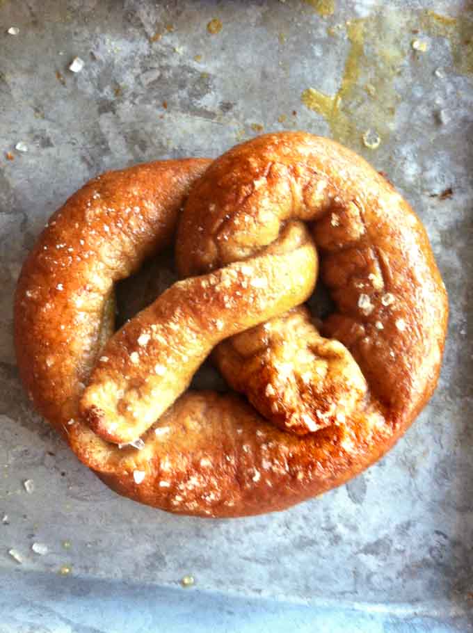 close up of soft hot fresh German pretzel after baking