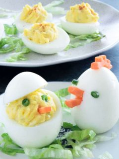 Easter Deviled Eggs cutely shaped as roosters and chicks