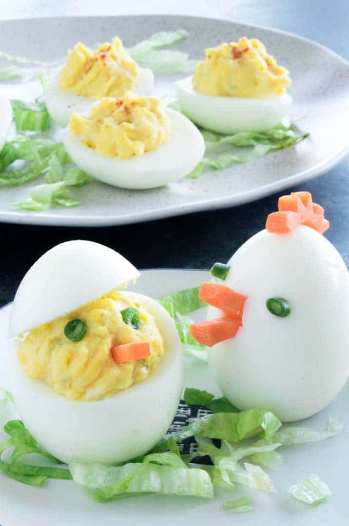 Easter Deviled Eggs cutely shaped as roosters and chicks