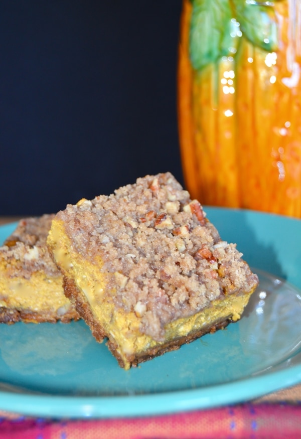 These Crunchy Pecan Crumble Pumpkin pie bars will tide you over until Thanksgiving and the traditional Pumpkin Pie. Easy to make, they have great texture(creamy and crunchy) and are very satisfying!