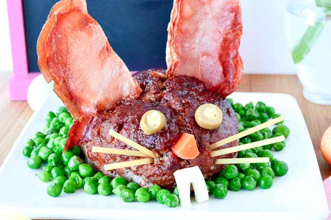 Close up of the face of Easter Bunny Meatloaf for the Easter Table