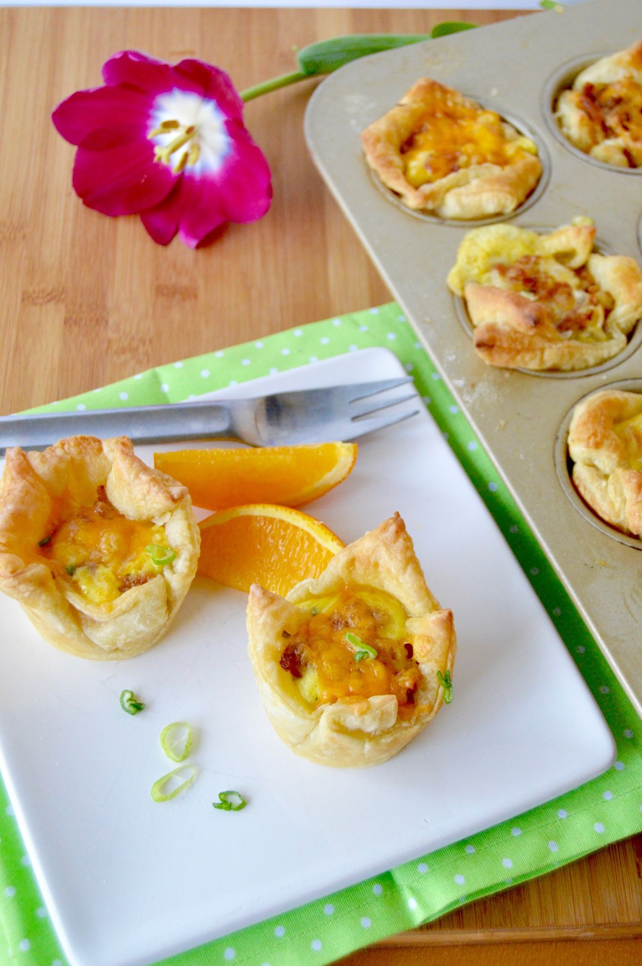 These Loaded breakfast cups are packed full of flavor. They include Sausage, cheese, eggs and hash browns. All in one puff pastry shell. Serve them for breakfast and save any leftovers for snacks!