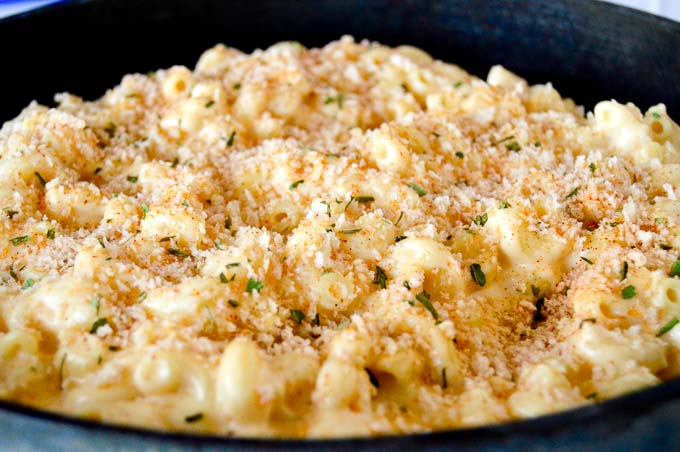 Close up of one pan gouda Mac and cheese with bread crumb topping