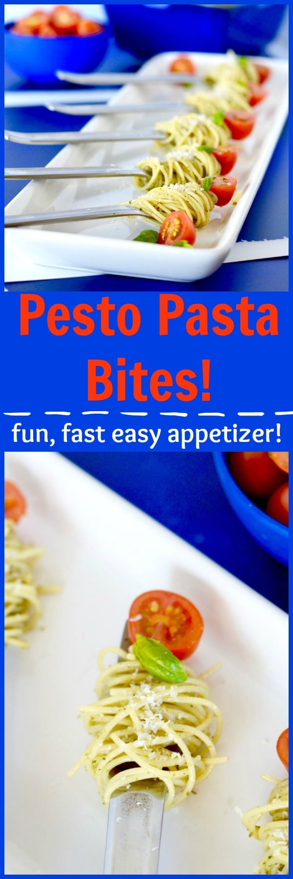 Simple to make, packed full of flavor, this recipe for Pesto Pasta Bites is a cute way to serve pasta as an appetizer! (And you can make it ahead too!)