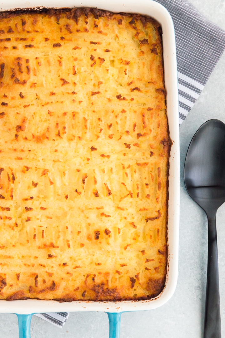 Baking dish with cottage pie casserole in it