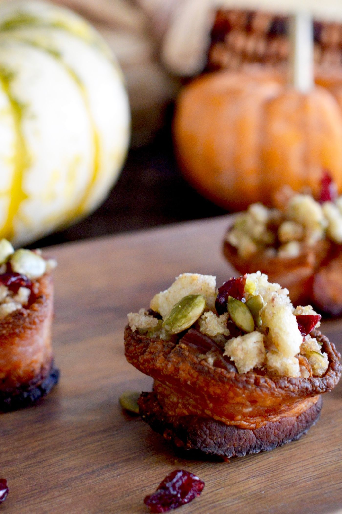 Leftover Stuffing Bacon cups will use up all your leftover stuffing! Make bacon cups, spoon the stuffing in, top with some cranberries and nuts and you have a delicious bite sized snack!