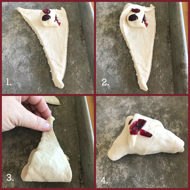 Party Brie Cheese Crescent Bites step by step how to put brie and cranberries in the dough and roll it up.