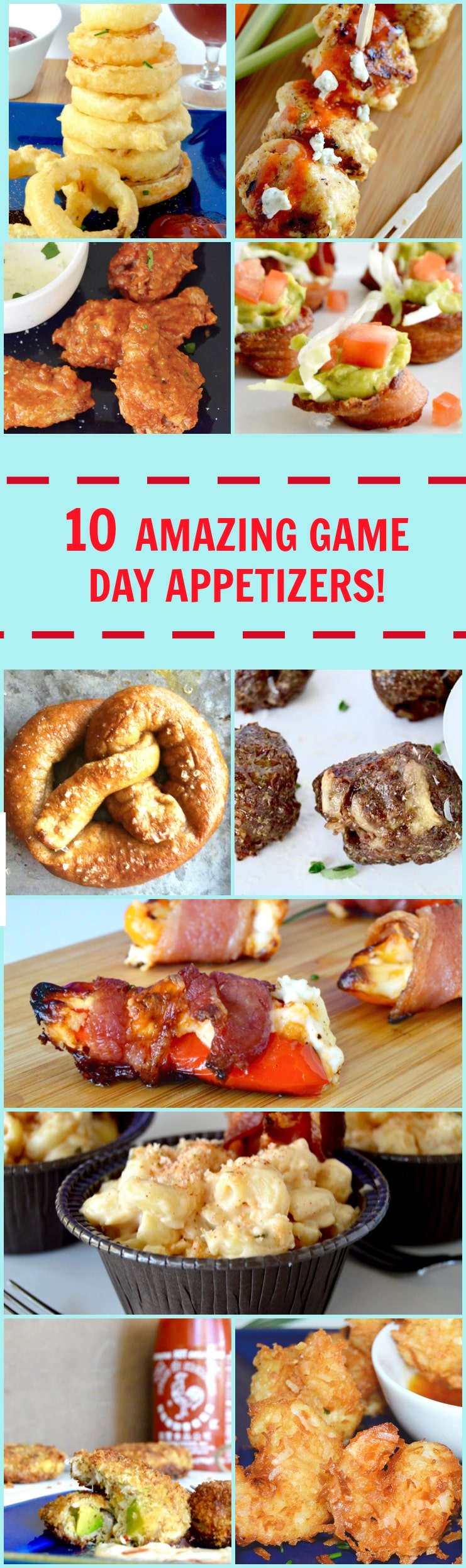 10 amazing Game day Appetizers that will be perfect for any Game day Party! chicken wings, avocado crabcake, buffalo meatballs, Mac n cheese, onion rings, pretzels, poppers, bacon 