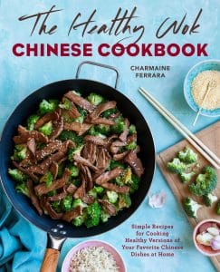 The Healthy Wok cookbook by Charmaine Ferrara a photo of the cover with A simple broccoli beef stir fry on a blue cover