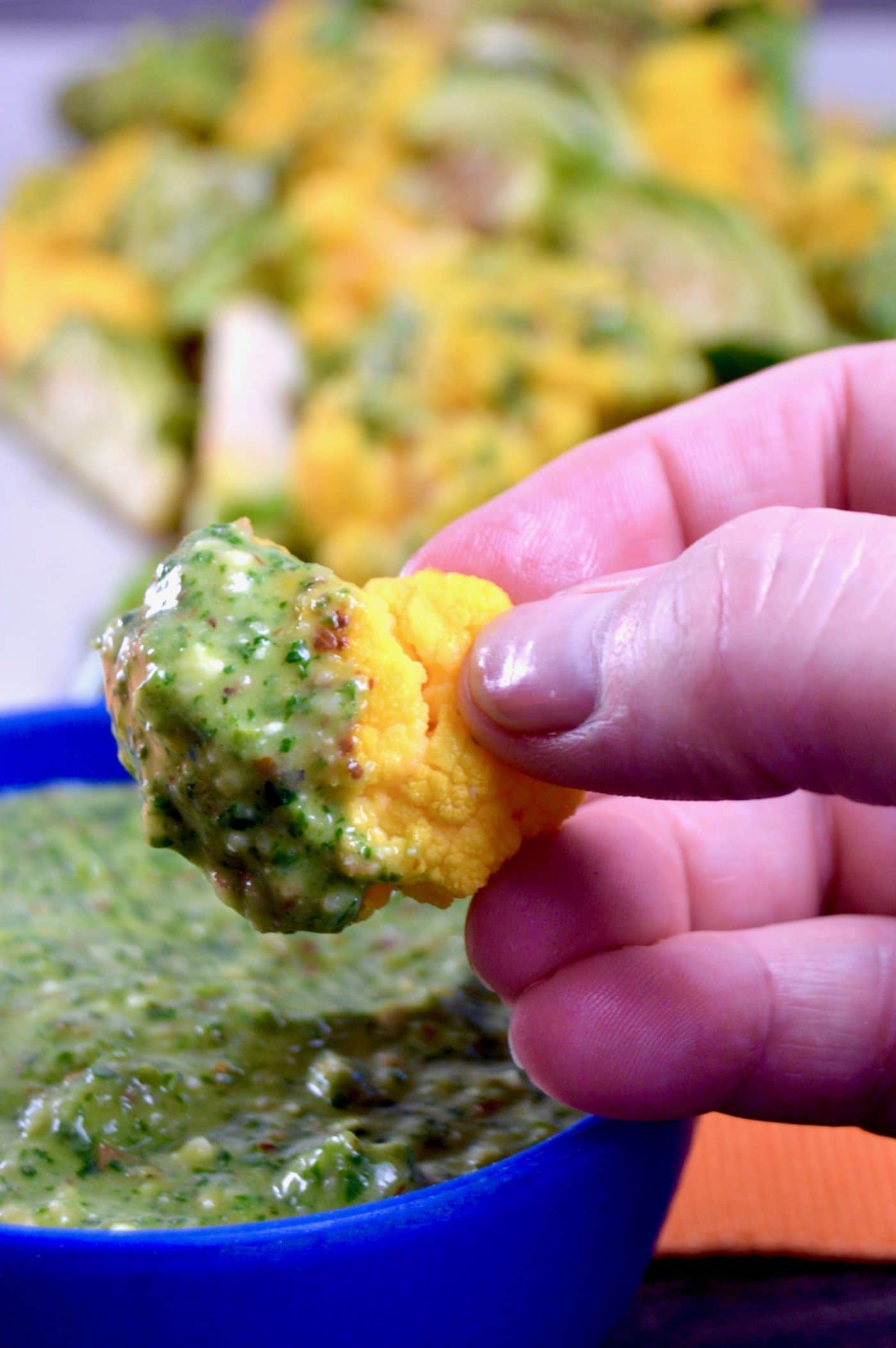 Creamy Salsa Verde Pistou to make in 10 minutes to use as a dipping sauce for veggies.