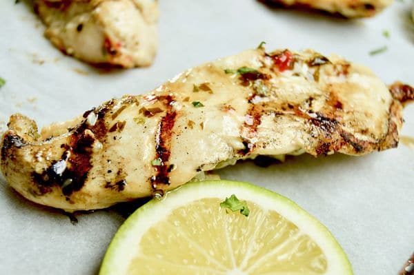 Close up of Chili Lime Chicken, flavorful, tender chicken perfect for grilling!