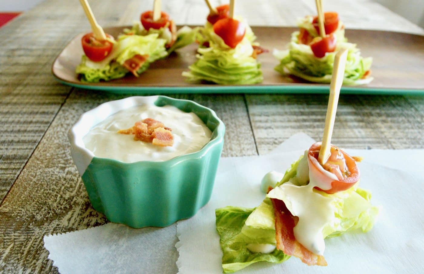 BLT Salad Bites Party appetizer w/ homemade blue cheese dressing!