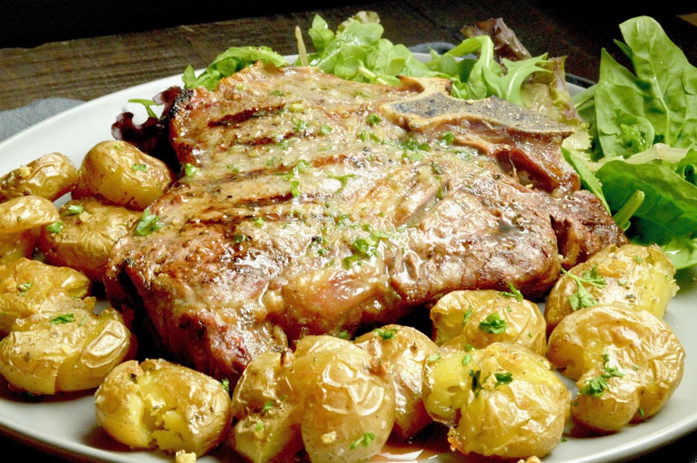 Steak Dinner with Smashed Lemon Garlic Potatoes