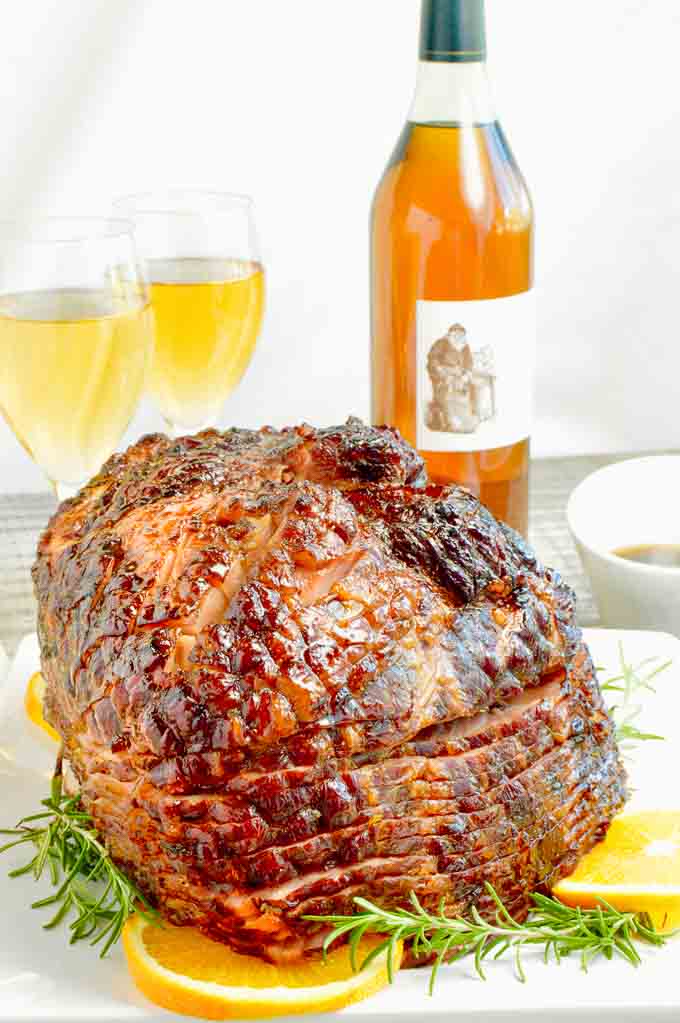 Honey Glazed ham on the buffet with wine