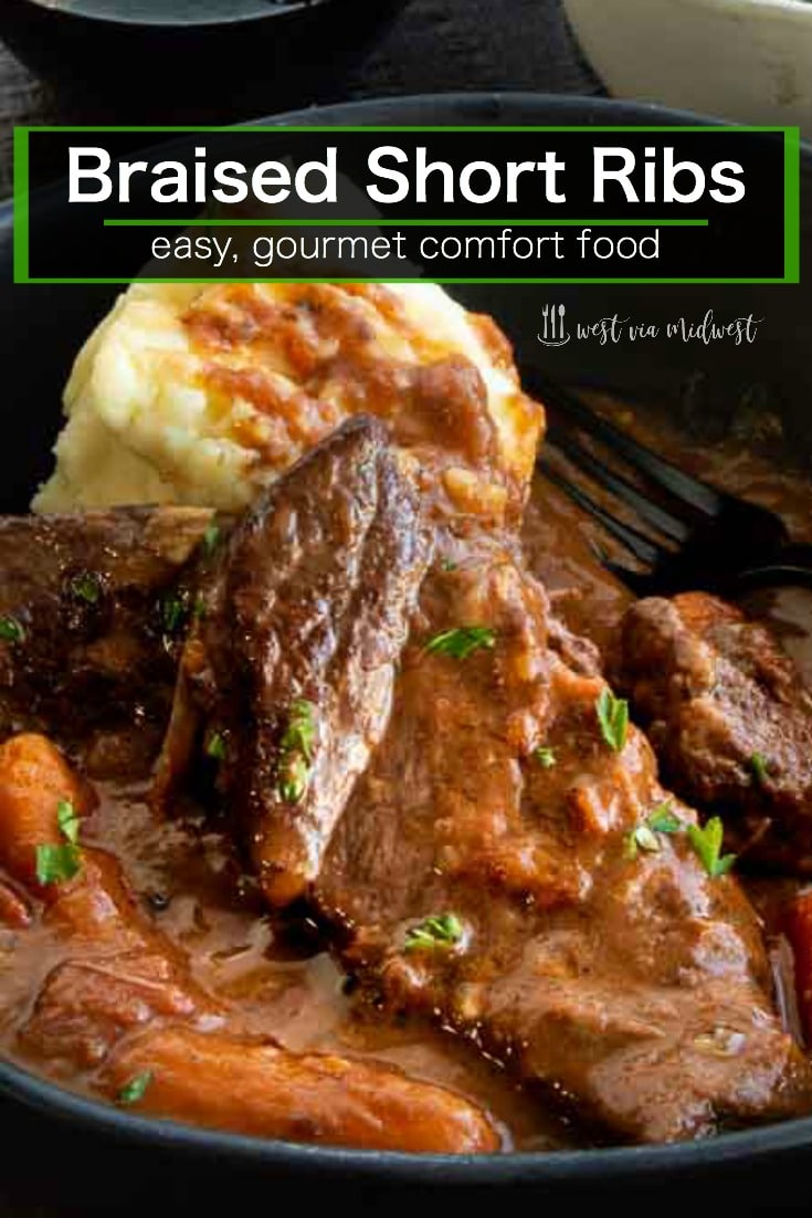 Braised Boneless Short Ribs in a serving plate with velvety sauce on top