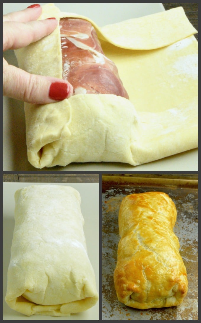 Step by step for wrapping the beef log in puff pastry to make the beef Wellington appetizer.