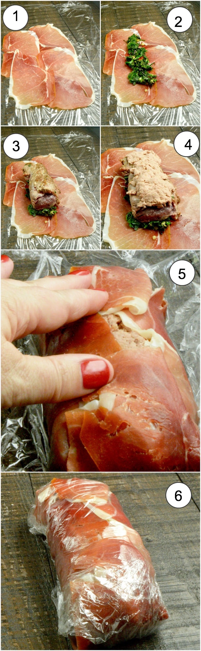 Step By step for making a log of ingredients for the beef Wellington, laying prosciutto mushrooms, spinach, and tenderloin onto plastic wrap, then sealing it in the plastic wrap for placing in the fridge to chill.