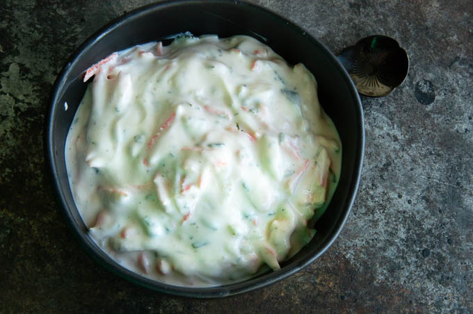 Tzatziki sauce with all the color of carrots and cucumber.