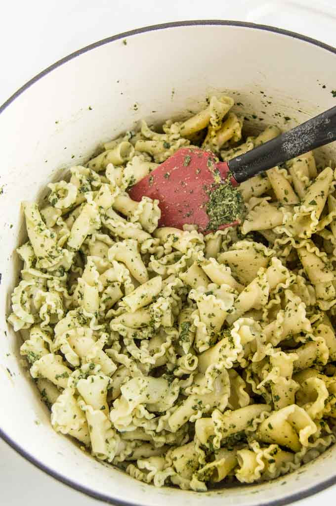 Pesto Pasta Salad freshly tossed in the pan