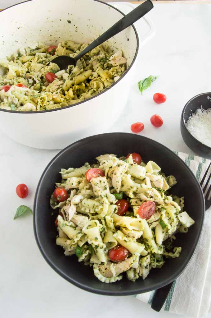 Serving of a pasta Salad with pesto and chicken