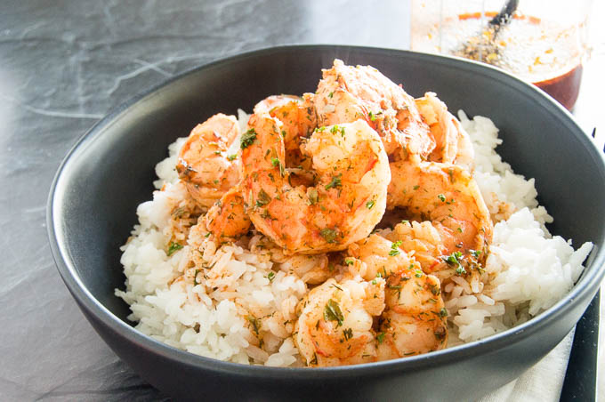 Spicy Smoke Sauced shrimp served warm over rice