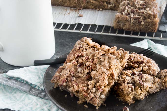 Bars of Cinnamon Coffee Cake on a plate for brunch