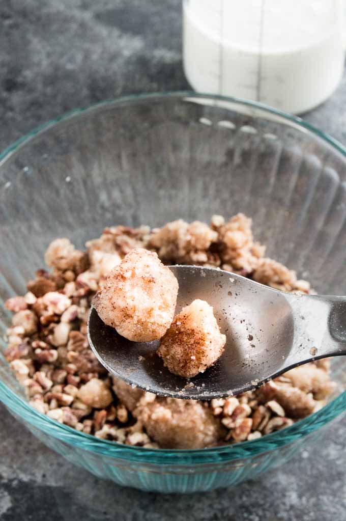 Dont break up the lumps in the cinnamon nut crumb topping for the coffee cake