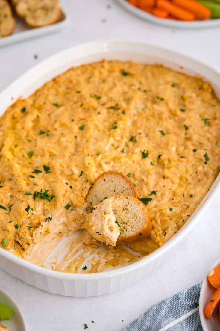 hot crab dip in a white baking dish