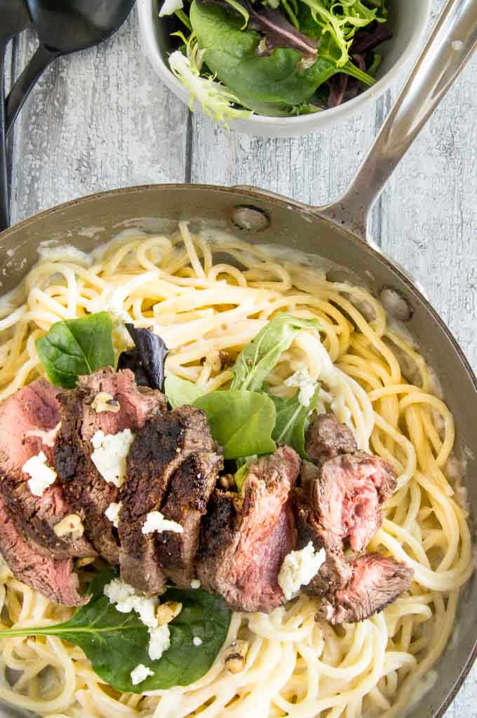 One Pan Meal with Steak atop Gorgonzola Cream Sauce Pasta