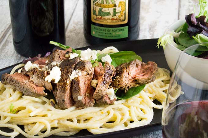 Creamy Gorgonzola Pasta served as the centerpiece with wines for entertaining.