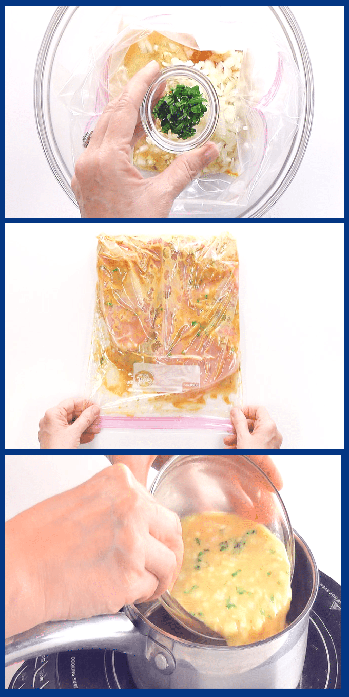 Three steps for honey mustard marinade. 1. place all ingredients in a plastic bag, second photo bag sealed with marinade and chops. Third photo boiling the marinade after removing the chops.