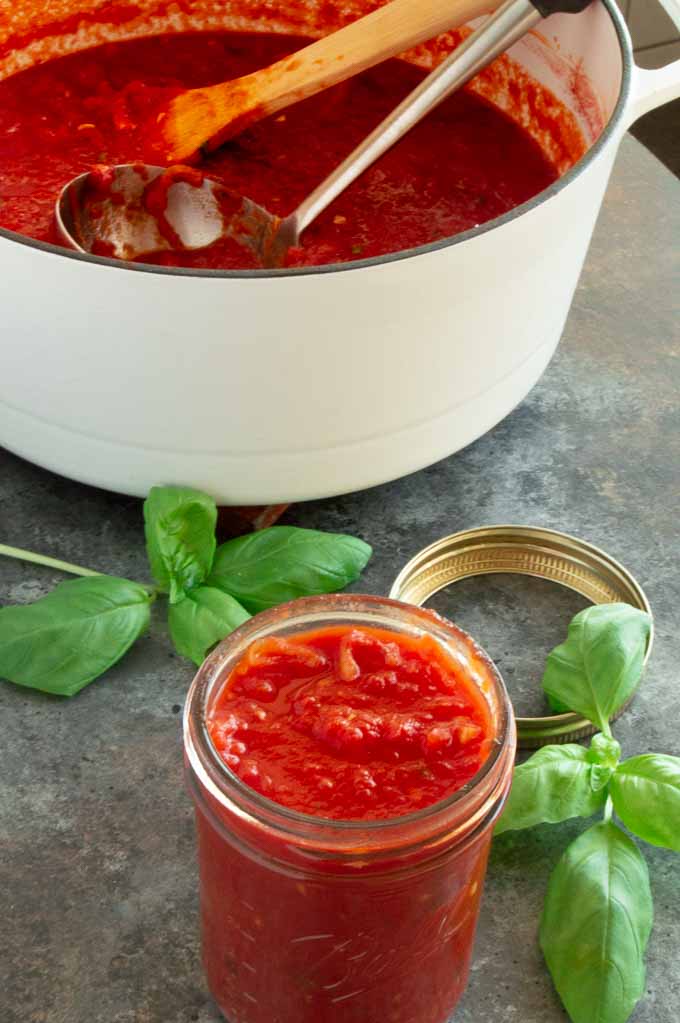 Close up of freshly made marinara in ball jar