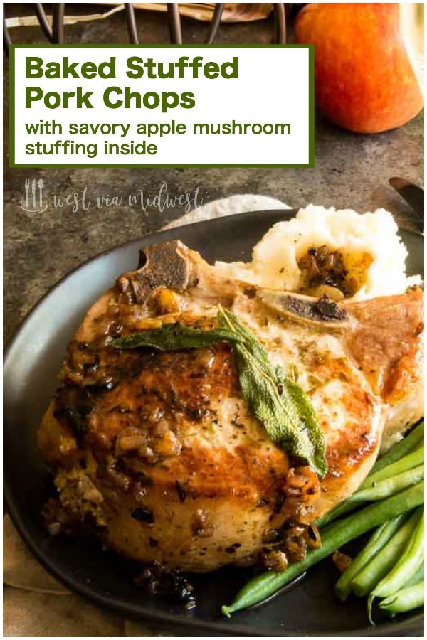 Baked Stuffed Pork chops are filled with apples, mushrooms and creamy cheese.  