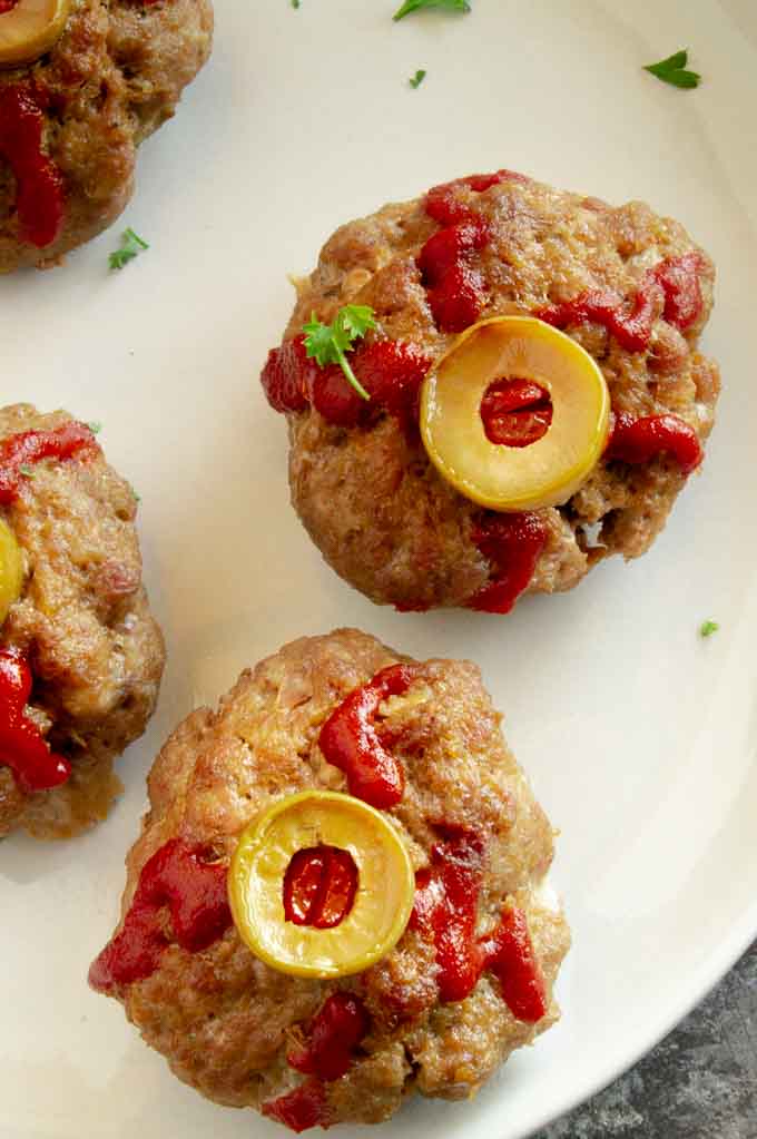 Meatballs with eyes on them for halloween