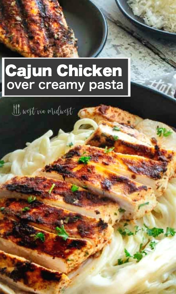 Cajun Chicken over Creamy Pasta: extra juicy chicken seasoned with cajun spices quick sautéed served over tangy creamy pasta.  Full flavored chicken makes entertaining easy with this healthier comfort food chicken dinner.