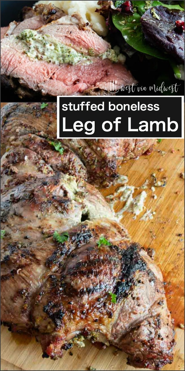 No fail Stuffed grilled leg of lamb holiday entertaining!  Simply seasoned with herbs and spices and stuffed with goat cheese this boneless lamb is ideal for gourmet dinners.  