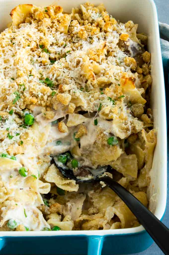 casserole dish with serving spoon in the tetrazzini