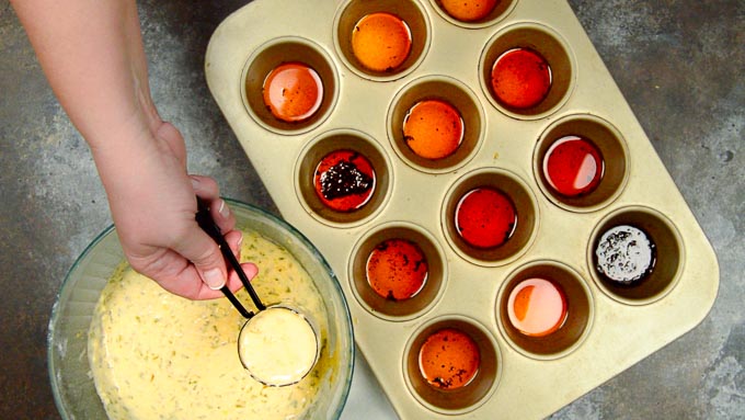 measuring out Yorkshire pudding batter for baking