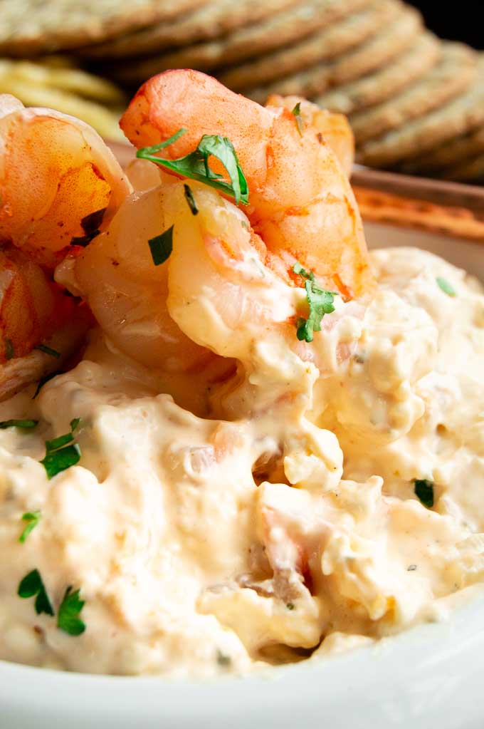 Close up of shrimp on top of best shrimp dip