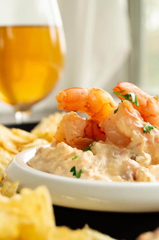 Party tray with beer and shrimp dip for guests