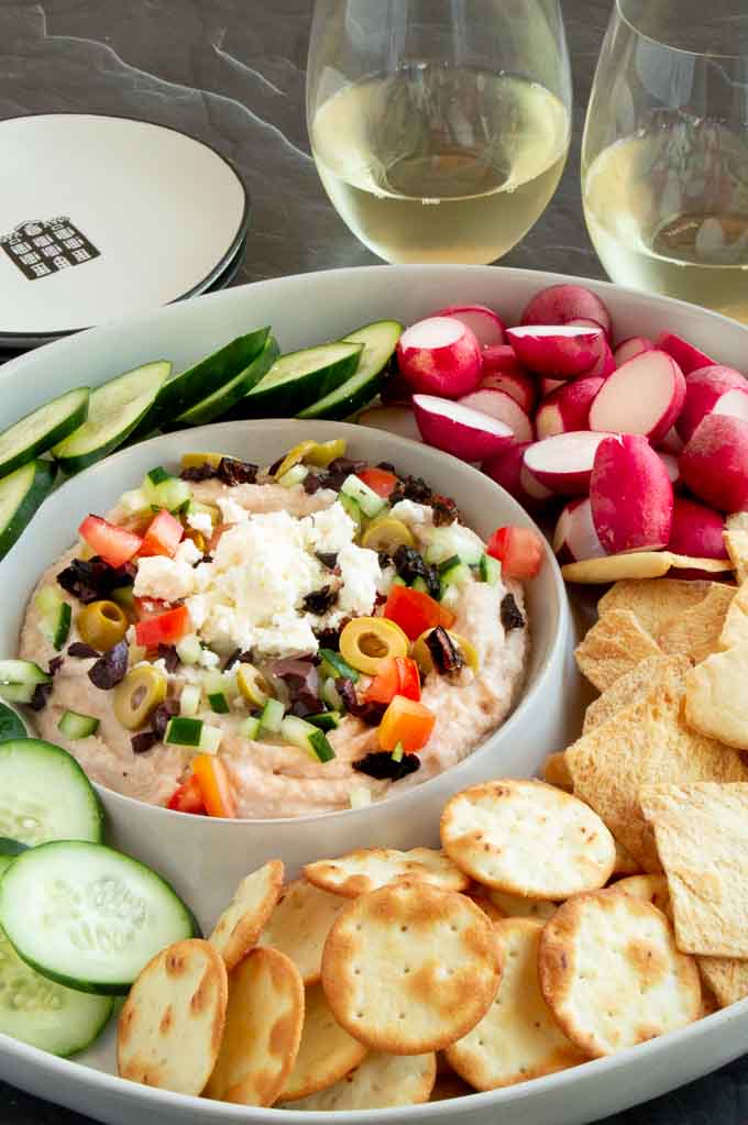 Mediterranean dip set in a dip bowl for a party