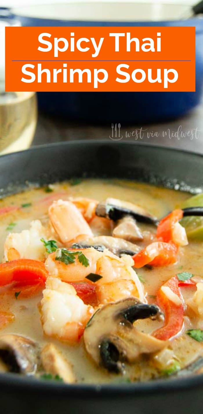 spicy thai soup in a bowl with wine next to it