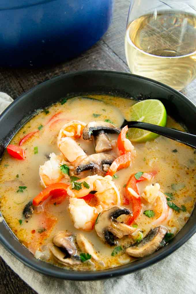 view overhead of shrimp on top of the this shrimp soup