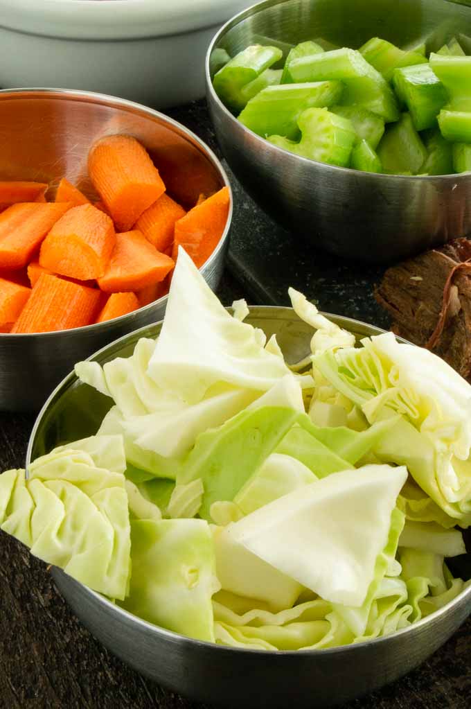 ingredients for winter cabbage and corned beef soup