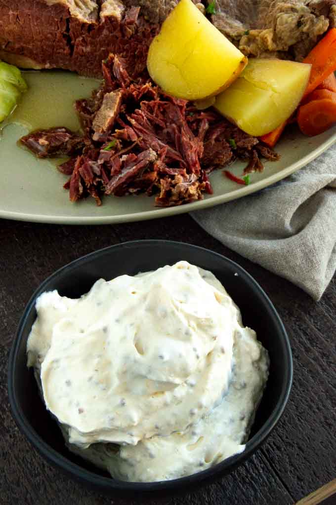 mustard horseradish sauce being served with corned beef