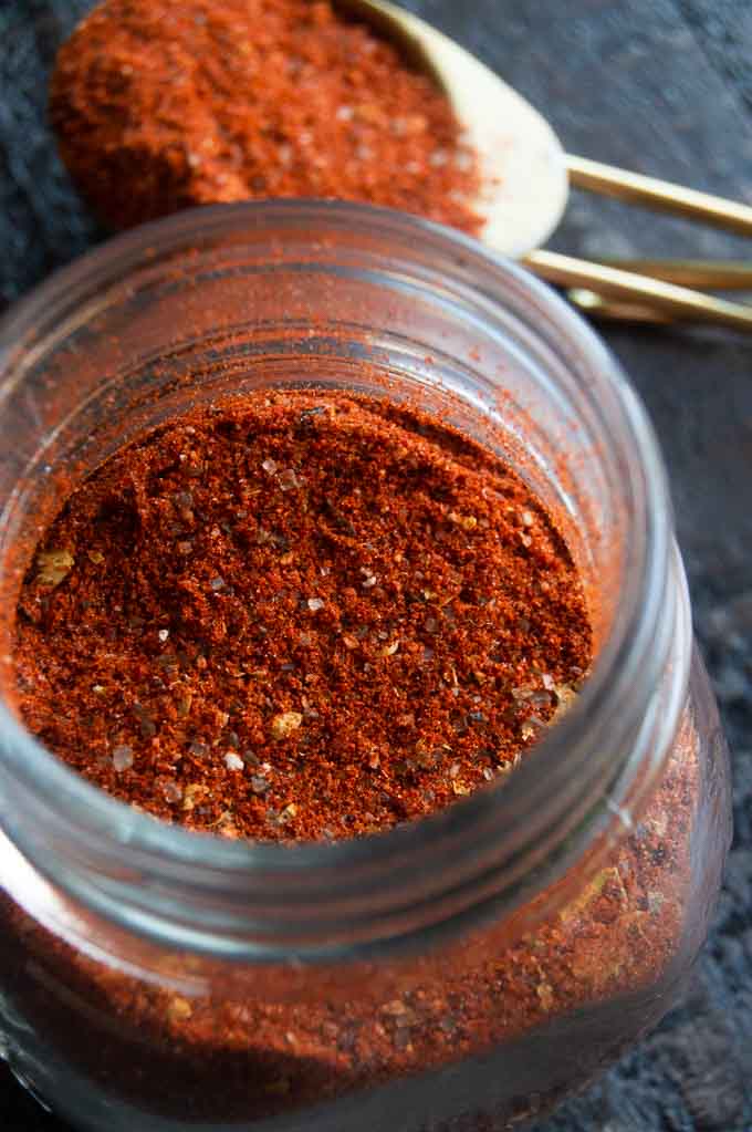 top view of a spice jar with basic pork rub in it