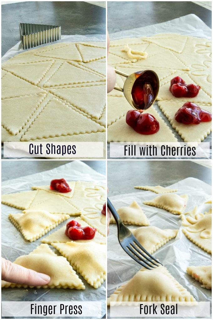 Step by step to make hand pies: Cut out shapes, filling, press with fingers, seal with a fork