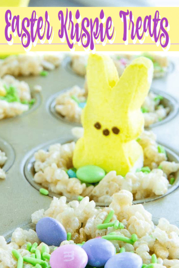 muffin tin filled rice Krispie Treats with peeps and m & m's on top