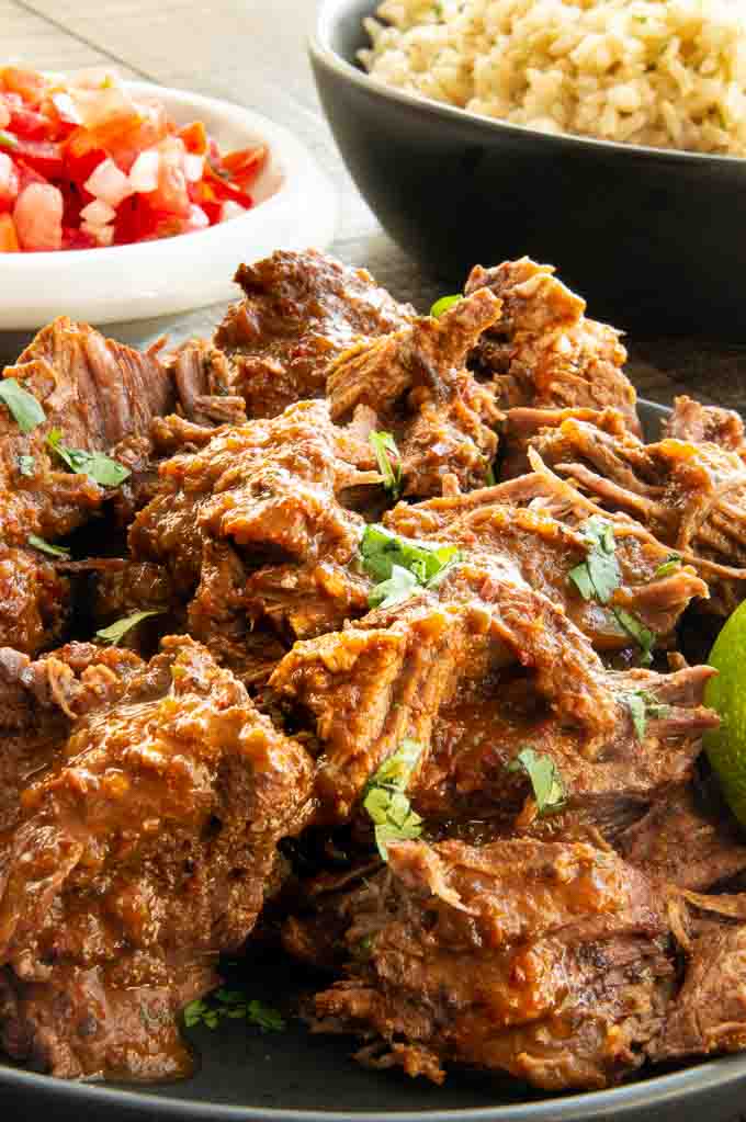 Shredded Mexican beef in chipotle sauce ready to serve